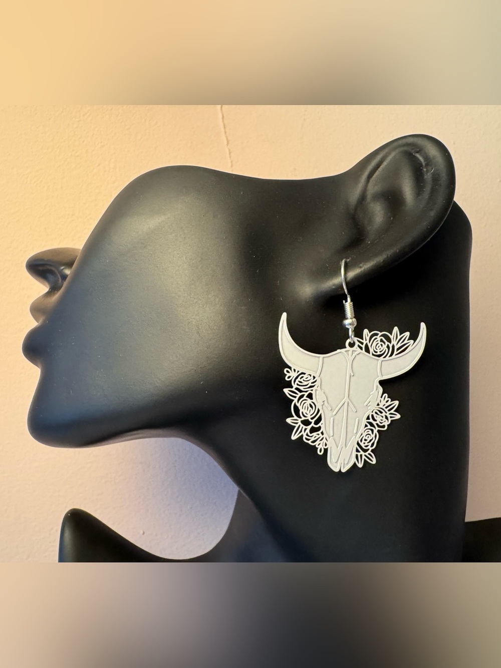 White Bull Skull Floral Dangle Earrings